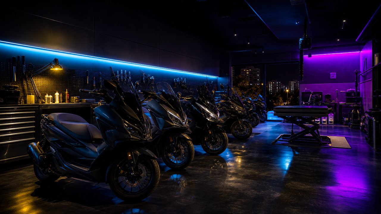 Inside the Motoko Autohub workshop at night