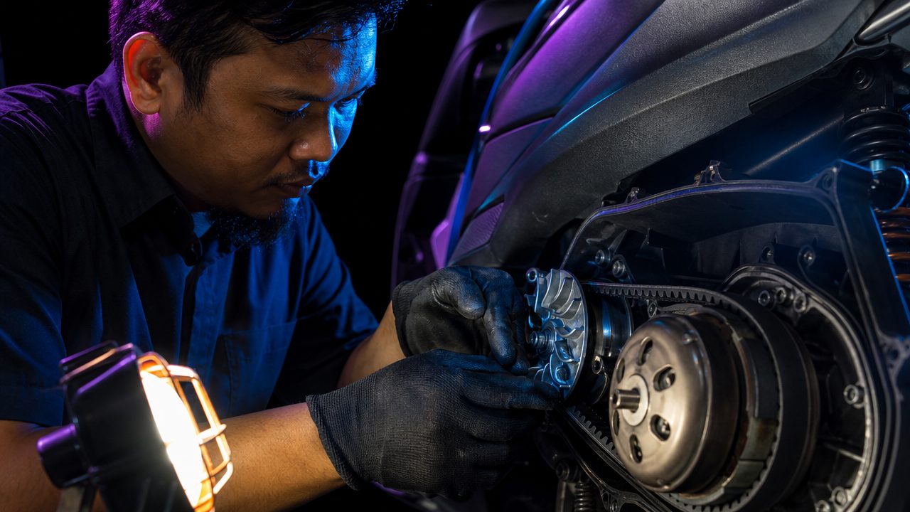 Mechanic servicing a motorcycle CVT